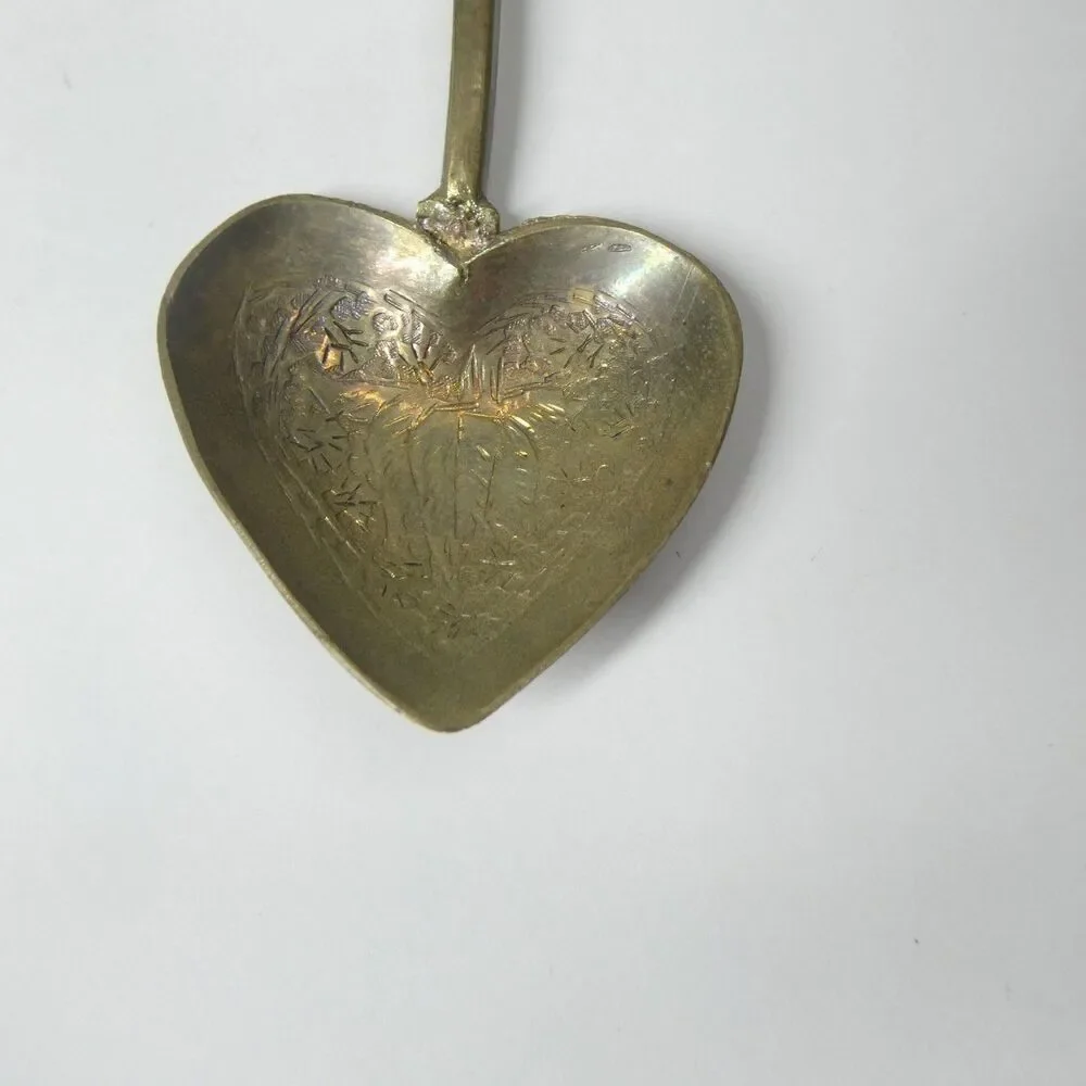 Heart Shaped  Demitasse Coffee Spoon Engraved w/Green Stone Jade? Vintage